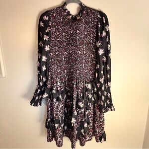 Rebecca Taylor 100% Silk Floral Long Sleeve Ruffle Dress